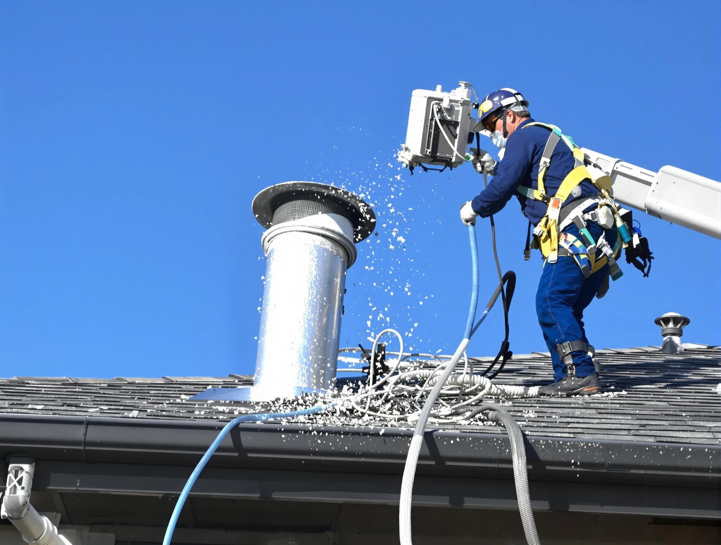 Emporia Dryer Vent Cleaning certified technician safely cleaning a roof-mounted dryer vent in Emporia