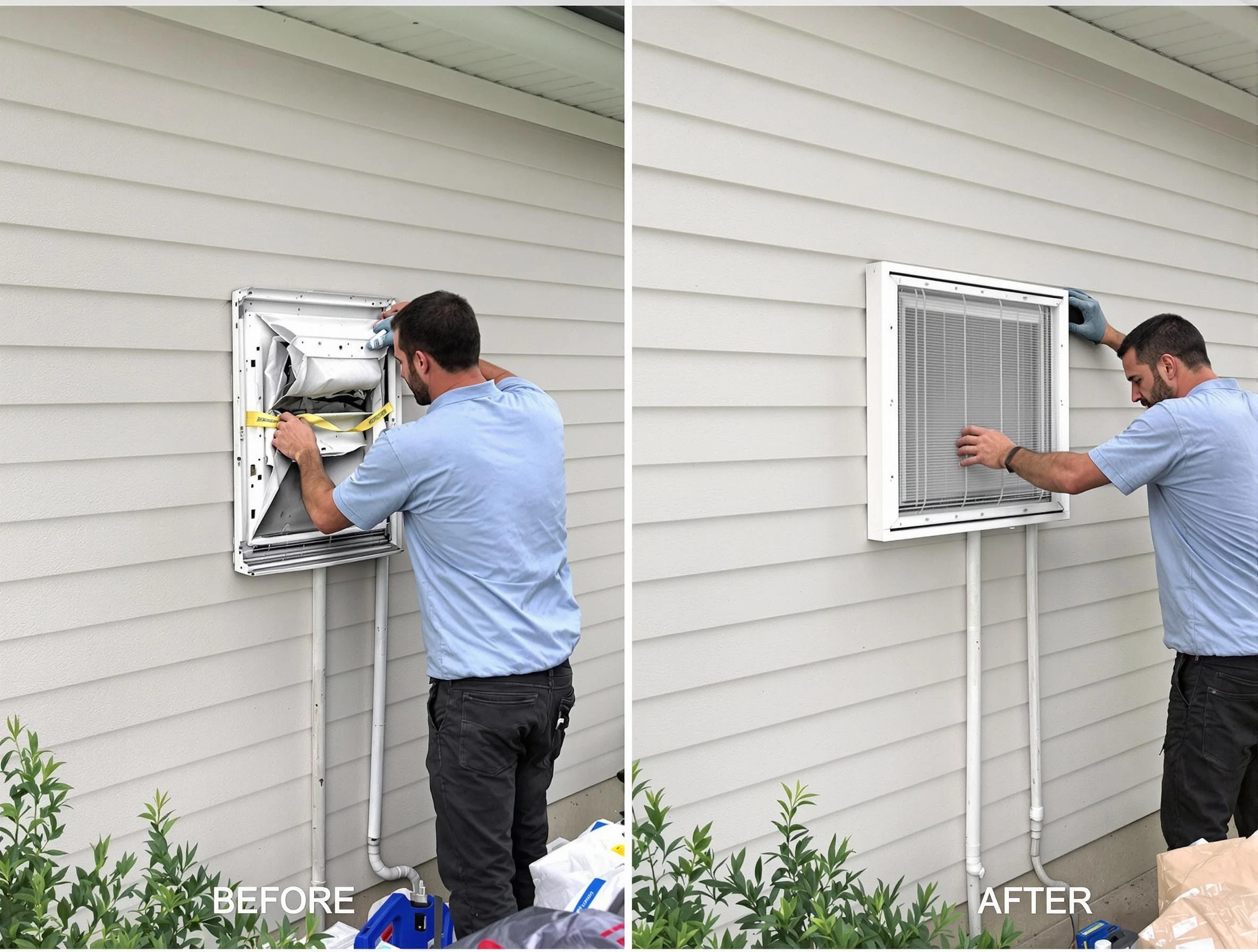 Emporia Dryer Vent Cleaning technician installing high-quality dryer vent cover at a residential property in Emporia